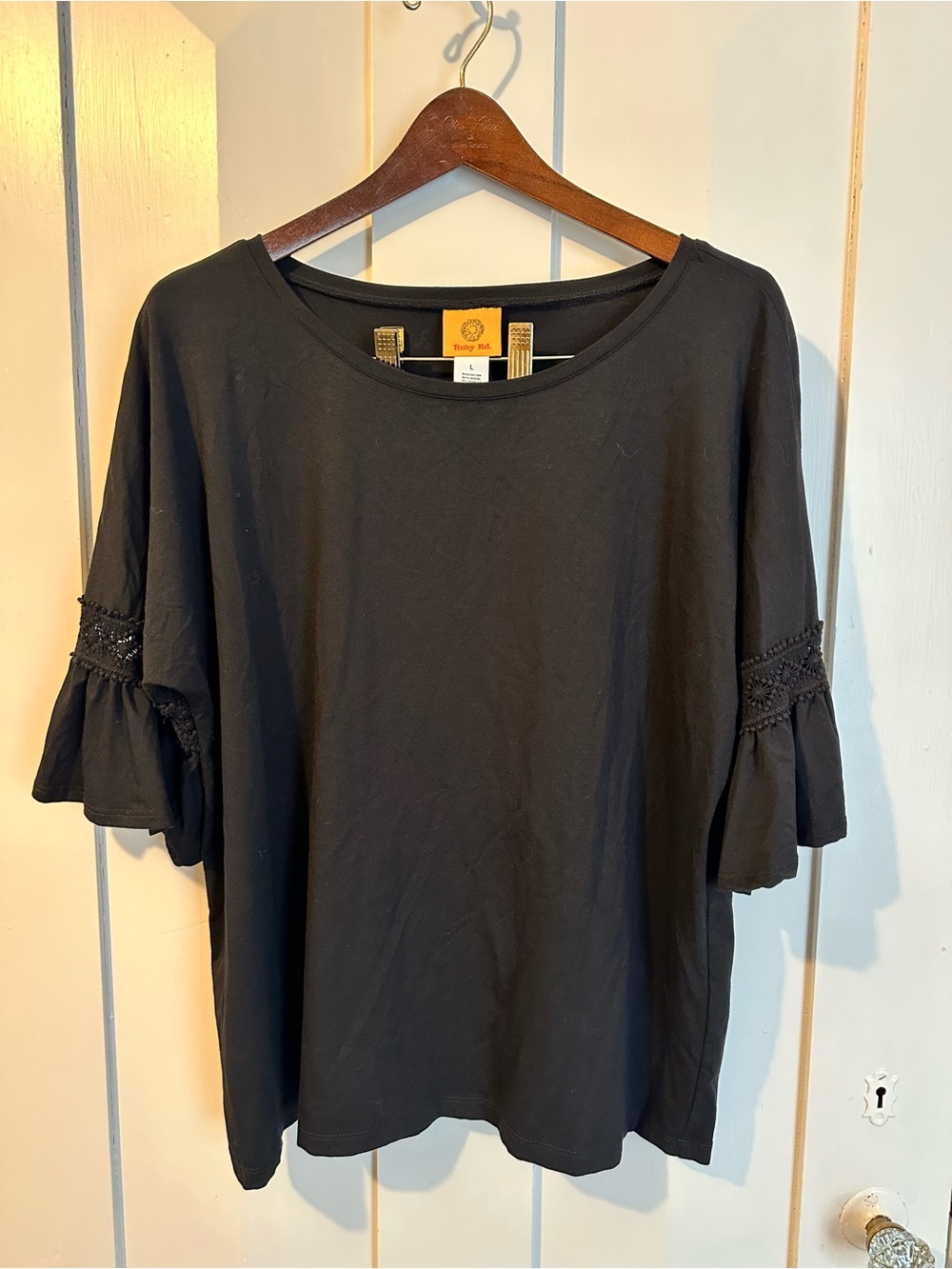 Ruby Rd. Black Flutter Sleeve Crochet-Trim Tee